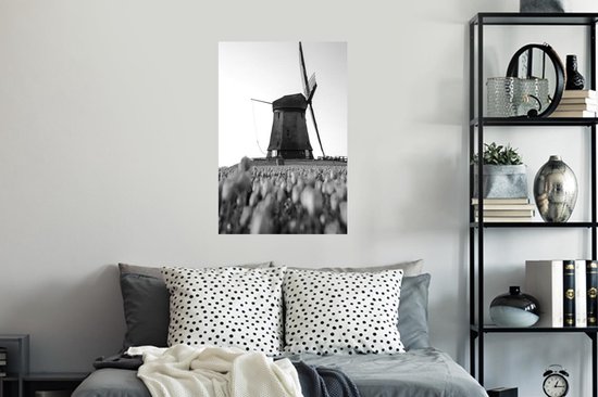 Stickers muraux - Film autocollant - Un moulin à vent avec des tulipes - noir et blanc - 40x60 cm - Film adhésif - Stickers muraux Chambre d'enfant - Papier peint autocollant