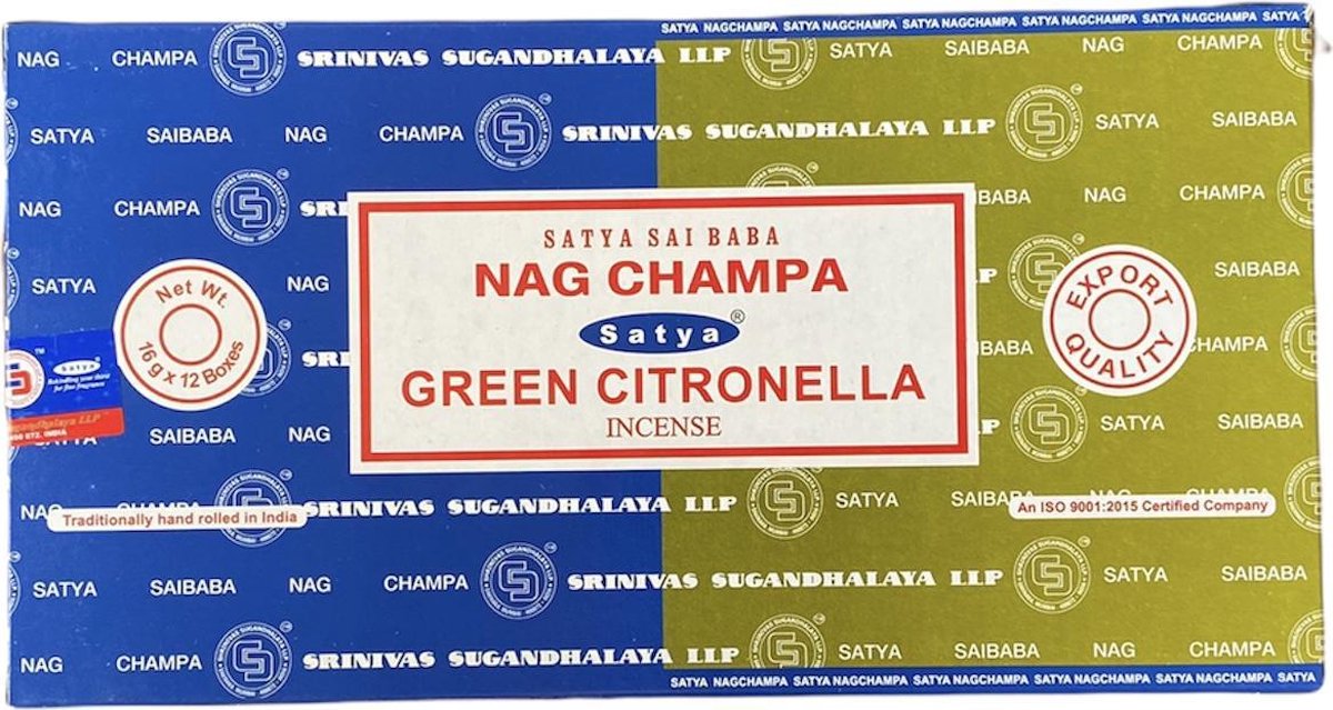Satya Sai Baba - Nag Champa & Green Citronella Incense - wierook stokjes - box met 12 doosjes - Combo Series