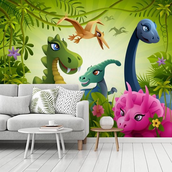 Behang - Fotobehang Dinosaurus - Dieren - Jungle - Illustratie - Baby- Jongens - Meisjes - Kids - Breedte 300 cm x hoogte 240 cm - Nr1Wallpaper
