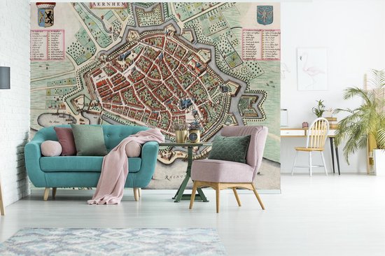 Papier peint photo vinyle - Plan coloré de la ville historique d'Arnhem en Gelderland - Plan d'étage largeur 400 cm x hauteur 300 cm - Tirage photo sur papier peint (disponible en 7 tailles)