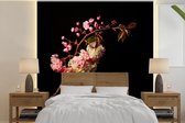 Behang - Fotobehang Een kersenbloesem zwarte achtergrond - Breedte 300 cm x hoogte 300 cm