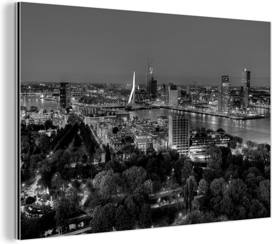 Wanddecoratie Metaal - Aluminium Schilderij - Uitzicht vanaf de Rotterdamse Euromast - zwart wit