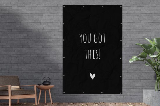 Décoration murale citation anglaise You got this! avec un coeur sur fond noir - 120x180 cm - Affiche de jardin - Toile de jardin