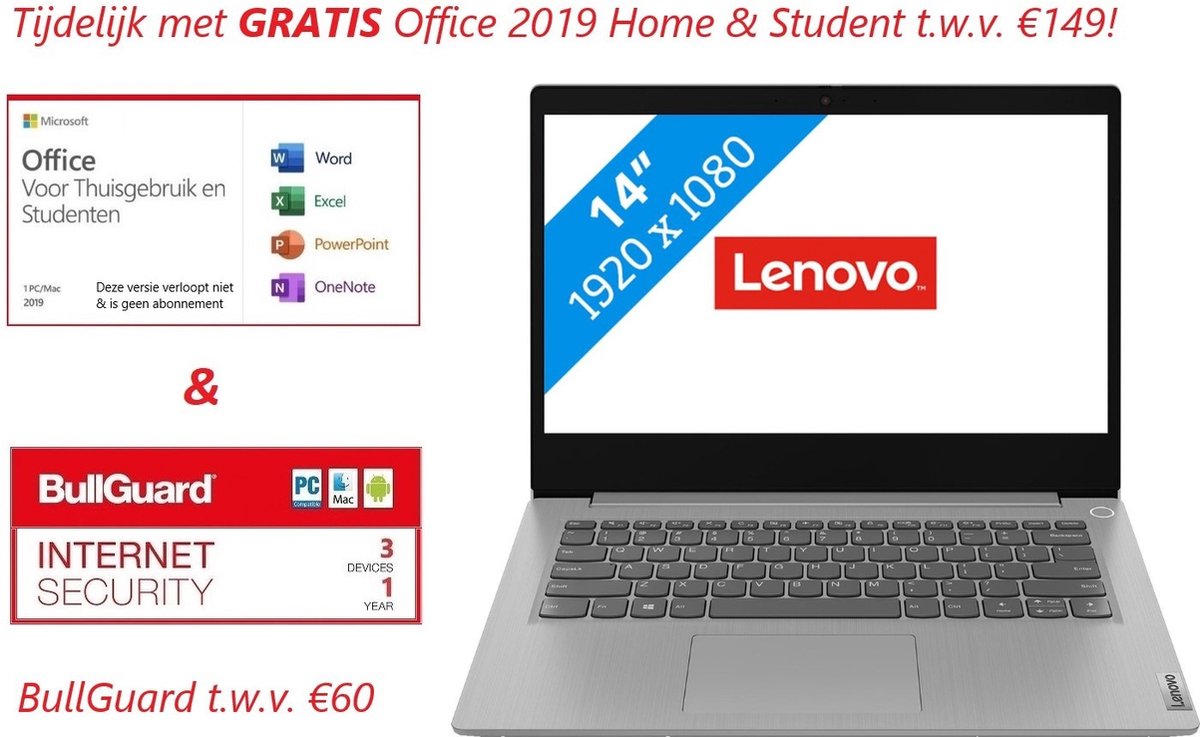 Lenovo IdeaPad 3 - 14 inch laptop - AMD Athlon 3050U - Windows 10 (Gratis update Windows 11) / 6 GB RAM / 256GB SSD / Tijdelijk met Gratis Office 2019 Home & Student t.w.v €149 (verloopt niet) & BullGuard Antivirus t.w.v. €60 (1 jaar)