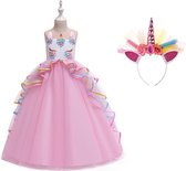 Unicorn Eenhoorn Jurk - maat 116/122 (120) - Eenhoorn Jurk - Roze Prinsessenjurk + Haarband -Speelgoed Meisjes