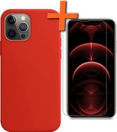 iPhone 13 Pro Hoesje Siliconen Case Met Screenprotector Met Dichte Notch - iPhone 13 Pro Hoes Siliconen Cover Met Beschermglas - Rood