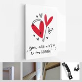 Valentijnsdag romantische achtergrond met hart vectorafbeelding en wenskaart set met belettering liefdesberichten - Modern Art Canvas - Verticaal - 1866695344