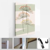 Collectie hedendaagse kunstposters in pastelkleuren. Abstracte geometrische elementen en vormen, bladeren en bloemen. Geweldig ontwerp voor sociale media, ansichtkaarten, afdrukken