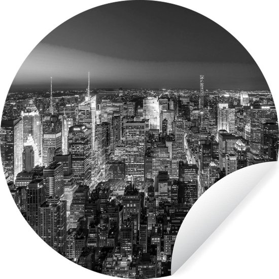 WallCircle - Muurstickers - Behangcirkel - Luchtfoto New York bij nacht - zwart wit - 80x80 cm - Muurcirkel - Zelfklevend - Ronde Behangsticker