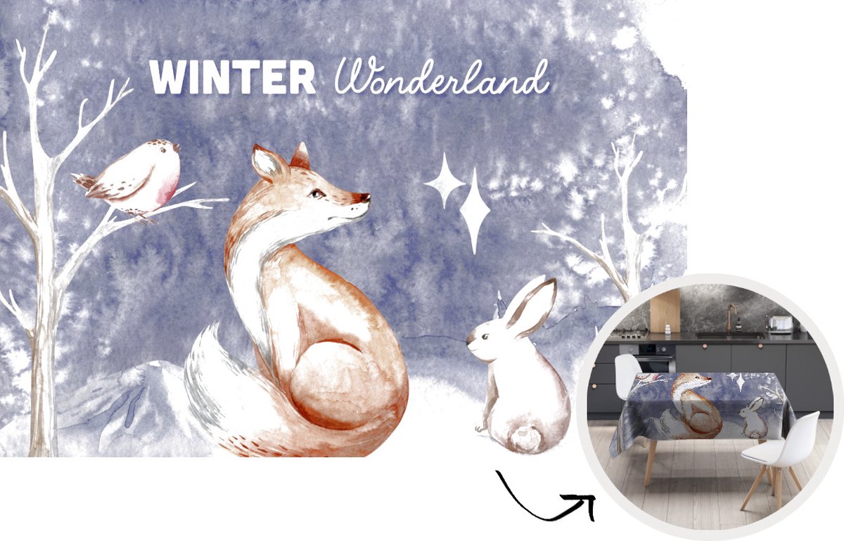 Tafelkleed - Tafellaken - 200x130 cm - Winter - Vos - Vogel - Konijn - Binnen en Buiten