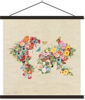 Wanddecoratie - Wereldkaart - Bloemen - Vlinder - Bruin papier - Schoolplaat - 40x40 cm - Textielposter - Textiel poster