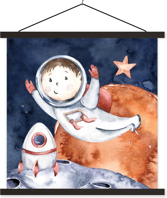 Porte-affiche avec affiche - Affiche scolaire - Espace - Lune - Fusée - Garçons - Meiden - Enfants - 60x60 cm - Lattes noires