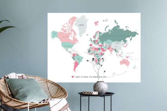 Sticker Muursticker cartes du Wereldkaart - Carte du monde Romantique - 80x60 cm - Film adhésif autocollant - Sticker mural repositionnable