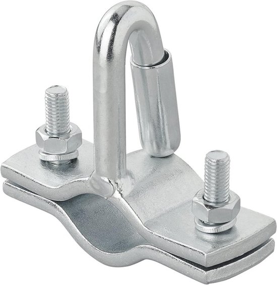 Zilverkleurige klem met twee bouten en moeren, en een gebogen oog aan de bovenzijde.