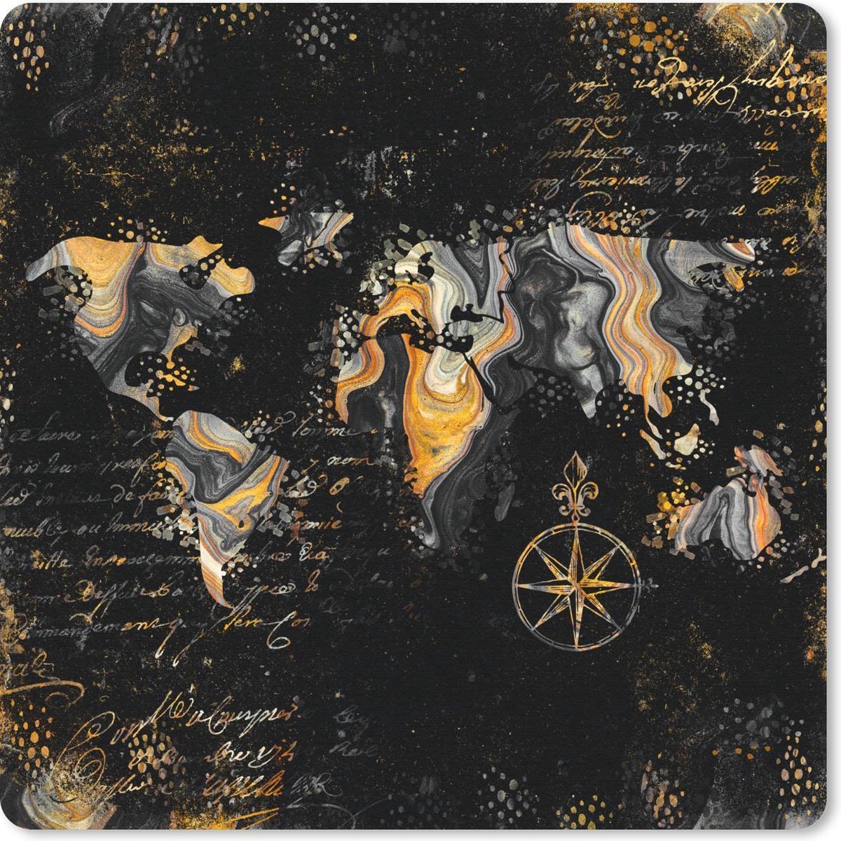 Muismat 30x30 cm - Mousepad Wereldkaart - Verf - Goud - Kompas - Muismatten