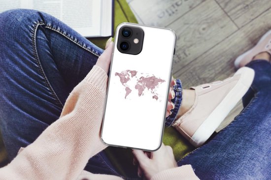 Telefoonhoesje Geschikt voor iPhone 12 hoesje - Wereldkaart - Roze - Wit - Siliconen Telefoonhoesje Telefoonhoesje