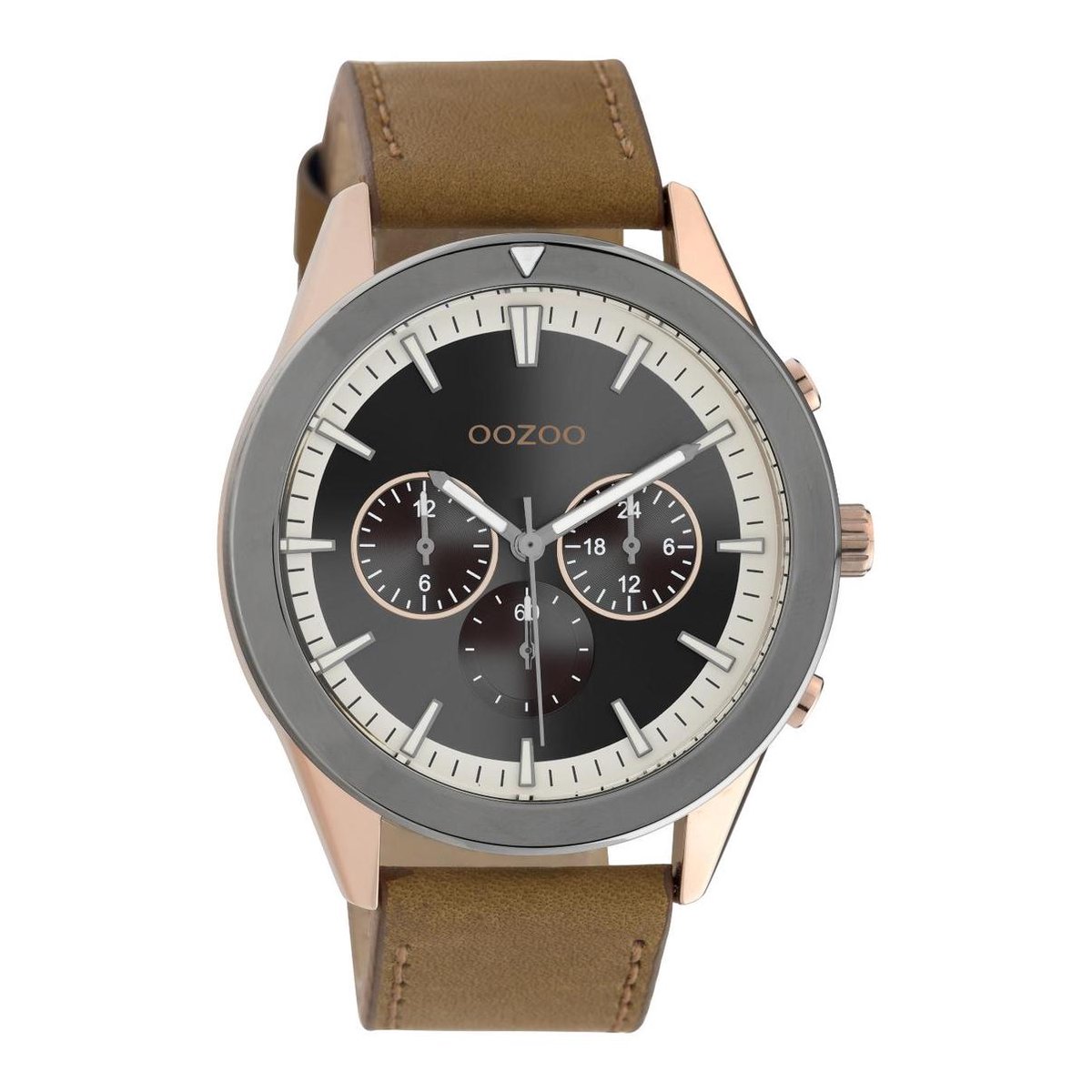 OOZOO Timepieces - rosé goudkleurige-Titanium horloge met bruine leren band - C10800 - Ø45