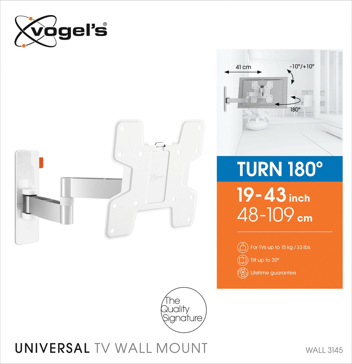 Vogel's WALL 3125 Support mural TV orientable pour écrans 19-43 Pouces  (48-109 cm) , Orientable jusqu'à 120º , Inclinable jusqu'à -10º/+10º ,  Poids max. 15 kg et jusqu'à VESA 200x200 en destockage