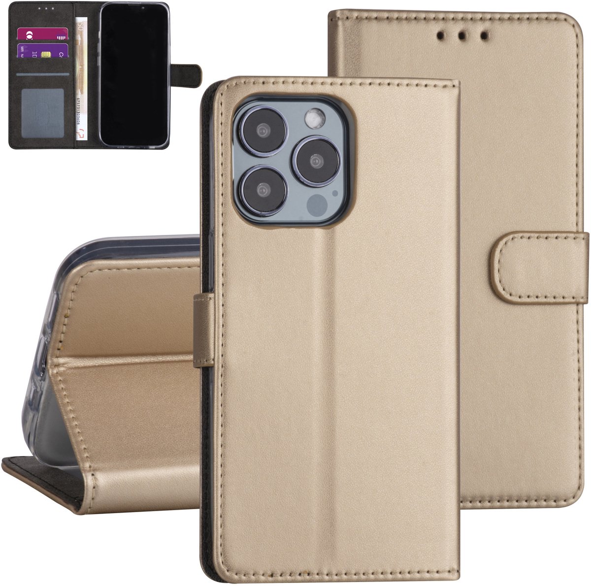 Goud hoesje voor iPhone 13 Pro - Booktype - Pasjeshouder - Magneetsluiting