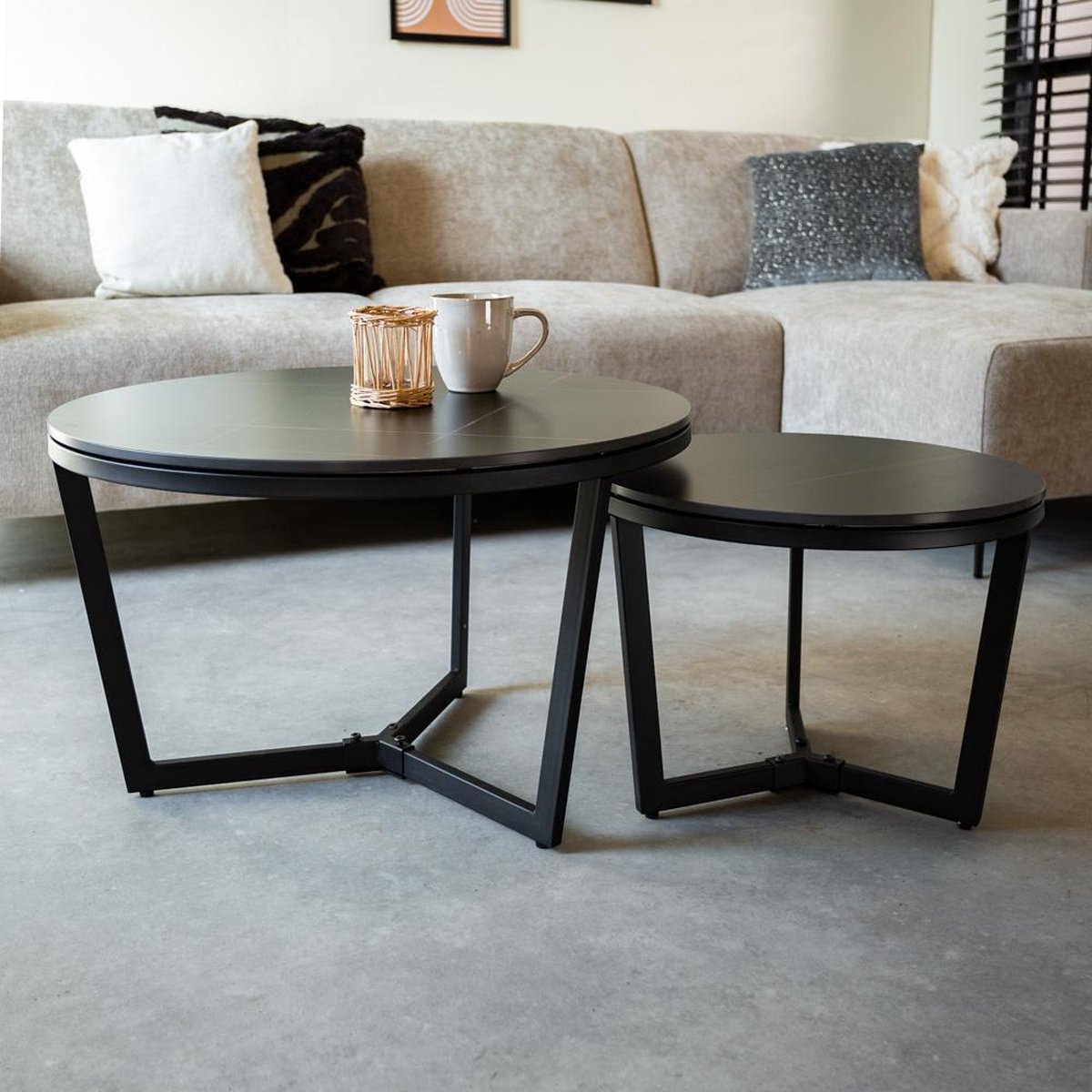 Dimehouse Industriële Salontafel Brady - Marmer Salontafel Set van 2 - Zwart
