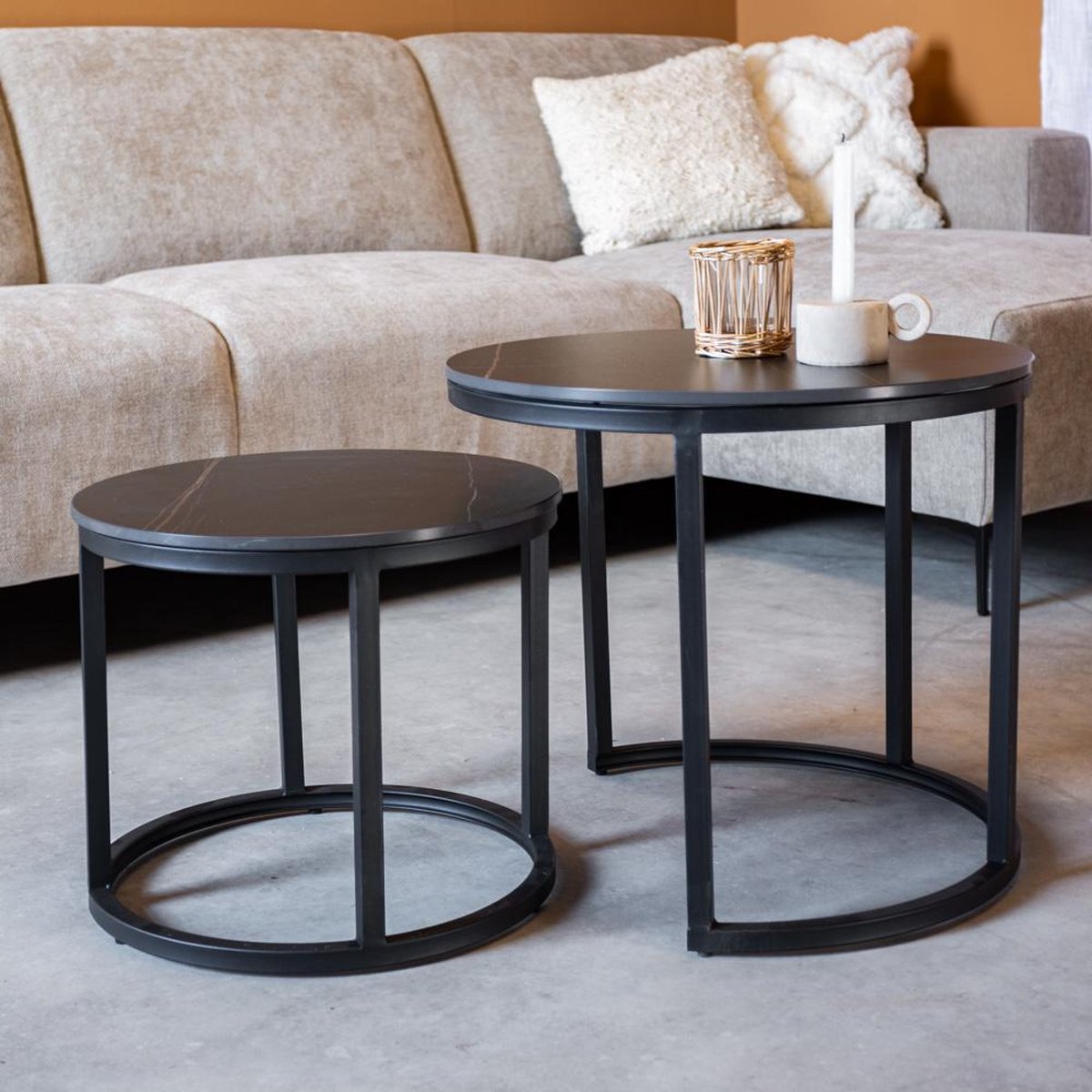 Dimehouse Industriële Salontafel Paige - Marmer Salontafel Set van 2 - Zwart