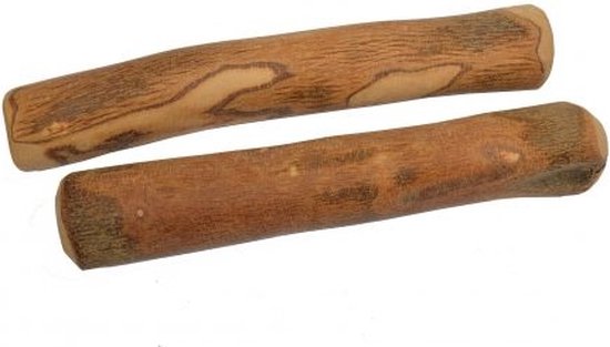 Twee bruine, onbewerkte olijftakken met een natuurlijke houtnerf en lichte vlekken.