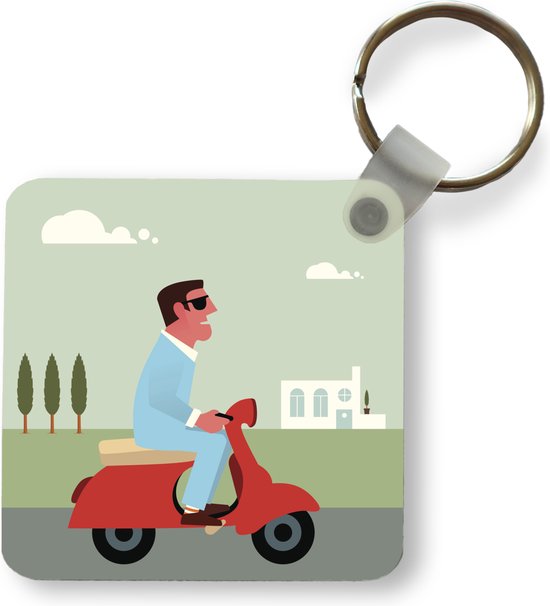 Porte-clés Illustration Vespa - Illustration d'un homme sur un porte-clés Vespa rouge en plastique - Porte-clés carré avec photo