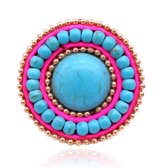 Handgemaakte verstelbare ring Boho blauw met leer en turkoois