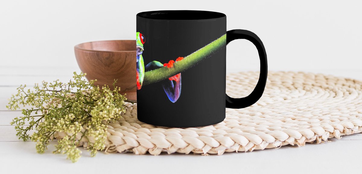 Magische Mok - Foto op Warmte Mokken - Koffiemok - Kikker - Plant - Zwart - Magic Mok - Beker - 350 ML - Theemok