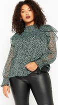 LOLALIZA Blouse met luipaardprint en ruches - Licht Groen - Maat 46