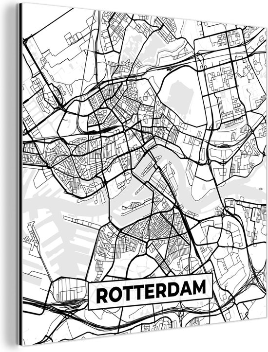 Wanddecoratie Metaal - Aluminium Schilderij Industrieel - Kaart - Rotterdam - Zwart - Wit - 20x20 cm - Dibond - Foto op aluminium - Industriële muurdecoratie - Voor de woonkamer/slaapkamer