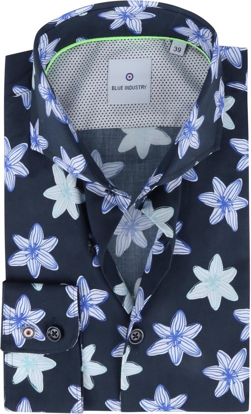 Blue Industry - Overhemd Bloemen Donkerblauw - 38 - Heren - Slim-fit