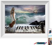 Artstudioclub®  Diamond painting volwassenen Een vrouw aan zee, met piano en viool 30 x 40 cm