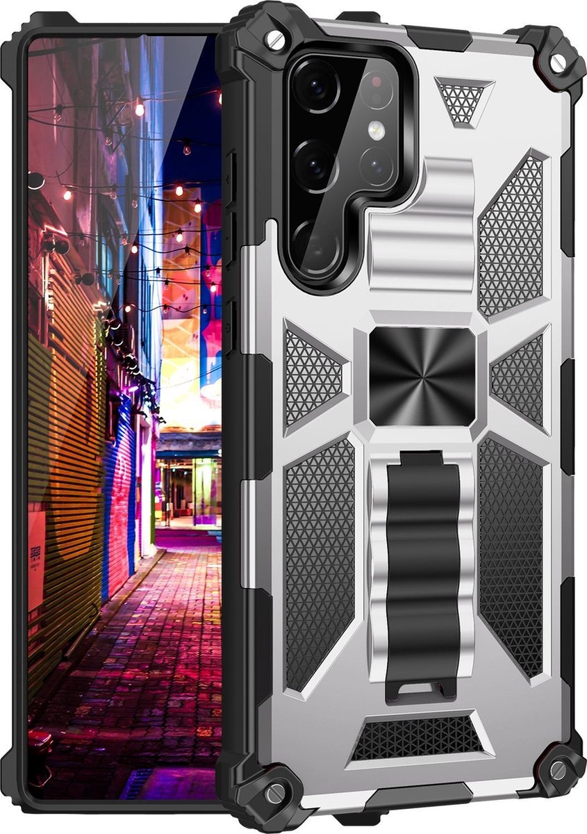 Mobigear Hoesje geschikt voor Samsung Galaxy S22 Ultra Telefoonhoesje Hardcase | Mobigear Armor Stand Backcover Shockproof met Standaard | Schokbestendig Galaxy S22 Ultra Telefoonhoesje | Anti Shock Proof - Zilver