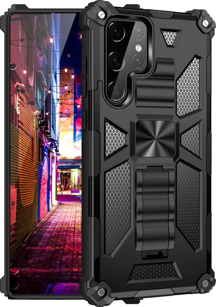 Mobigear Hoesje geschikt voor Samsung Galaxy S22 Ultra Telefoonhoesje Hardcase | Mobigear Armor Stand Backcover Shockproof met Standaard | Schokbestendig Galaxy S22 Ultra Telefoonhoesje | Anti Shock Proof - Zwart