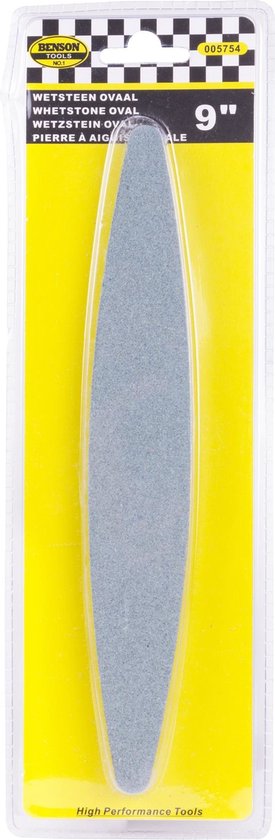 Benson 9" ovale slijpsteen in verpakking. Tekst: WETSTEEN OVAAL, Whetstone oval, Wetzkstein oval, Pierre à aiguiser ovale.
