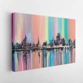 Regenboog stad olieverfschilderij. Geen bepaalde skyline van de stad in fantasie regenboogkleuren - Modern Art Canvas - Horizontaal - 426928069 - 50*40 Horizontal
