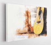 Abstracte kleurrijke vorm op akoestische gitaar op de voorgrond op waterverf het schilderen achtergrond en digitale illustratieborstel aan art. - Modern Art Canvas - Horizontaal -