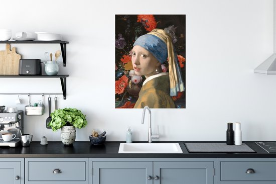 Affiche Fille à la boucle d'oreille en perle - Vermeer - Fleurs - 60x80 cm