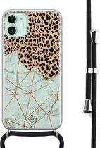 iPhone 11 hoesje met koord - Luipaard marmer mint | Apple iPhone 11 crossbody case | Zwart, Transparant | Luipaardprint