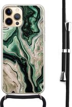 iPhone 12 hoesje met koord - Groen marmer / Marble | Apple iPhone 12 crossbody case | Zwart, Transparant | Water