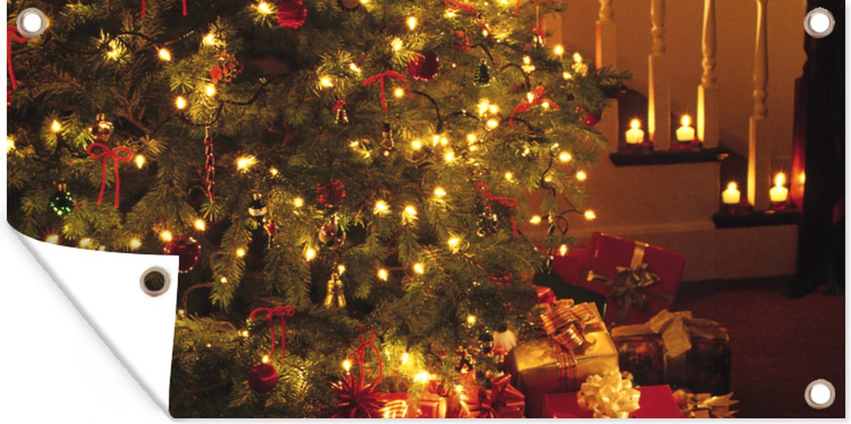 Moderne Kerstboom tuindoek voor buiten, 160x80 cm, kerstversiering, heldere kleuren, perfect voor Kerstmis.