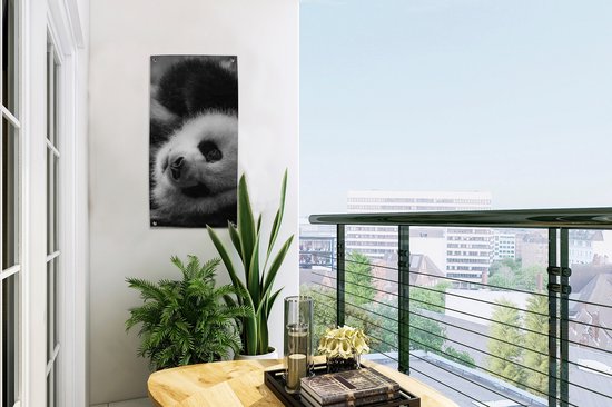 Tuinposter 30x60 cm - Tuindecoratie Dierenprofiel rollende panda in zwart-wit - Poster voor in de tuin - Buiten decoratie - Schutting tuinschilderij - Tuindoek muurdecoratie - Wanddecoratie balkondoek