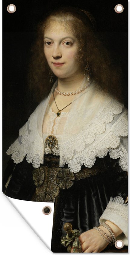Tuinposter Portret van een vrouw, mogelijk Maria Trip - Schilderij van Rembrandt van Rijn - 40x80 cm - Wanddecoratie Buiten - Tuinposter - Tuindoek - Schuttingposter - Tuinschilderij