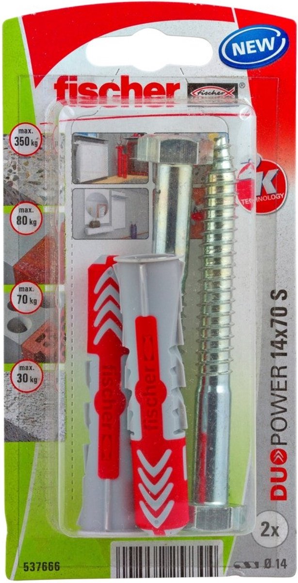 Fischer plug Duopower met zeskantschroef 14x70mm (Per 2 stuks)