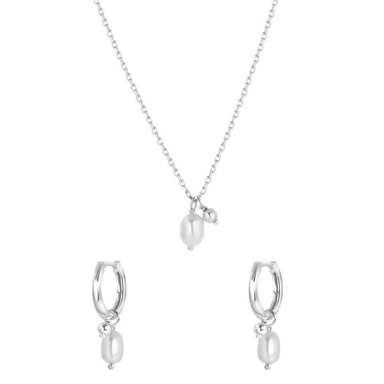 Lucardi Dames Zilveren set ketting en oorringen zoetwaterparel - Cadeau Set - 925 Zilver - Zilverkleurig