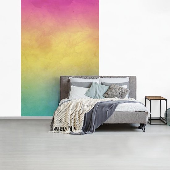 Œuvre abstraite à l'aquarelle dans les couleurs rose, bleu et jaune 155x240 cm