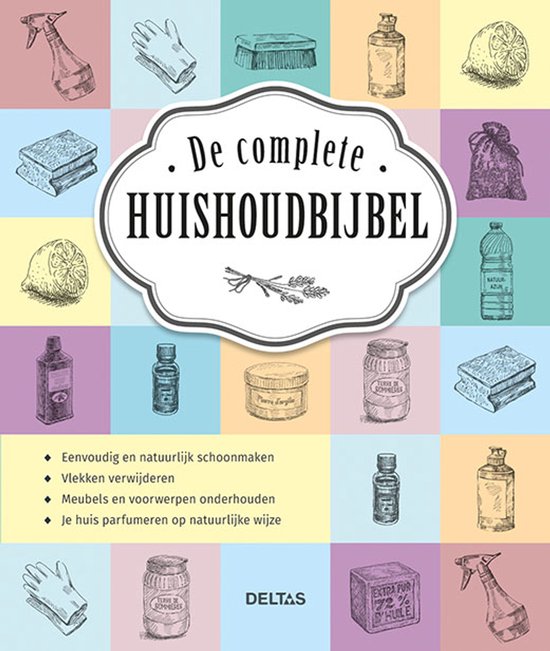 De complete huishoudbijbel: illustraties van schoonmaakproducten, citroenen, lavendel en handschoenen.