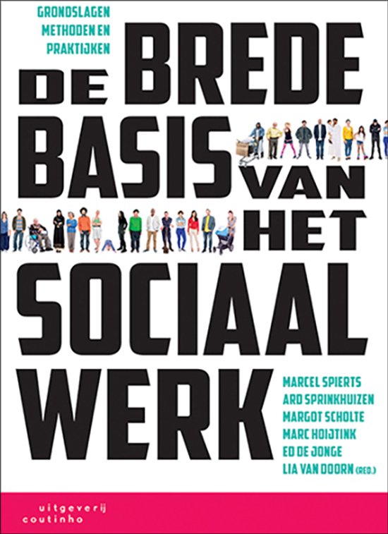 Boekomslag van 'De brede basis van het sociaal werk' met een groep mensen op de achtergrond.