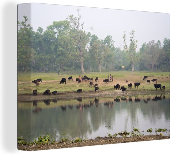 Canvas schilderij 160x120 cm - Wanddecoratie Grazende dieren bij het water in het Nationaal park Chitwan in Nepal - Muurdecoratie woonkamer - Slaapkamer decoratie - Kamer accessoires - Schilderijen